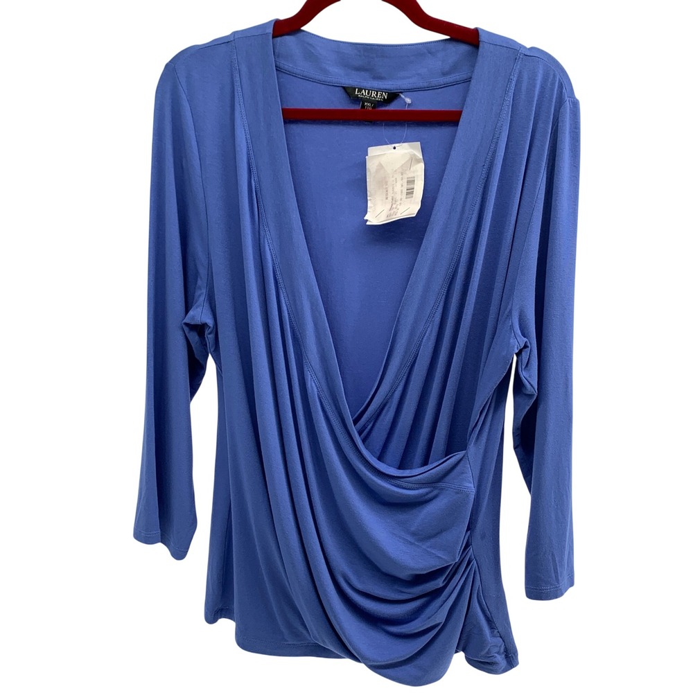 Lauren Ralph Lauren Blue Surplice Wrap Top XXL 3/4 Sleeve Jersey Knit NWT